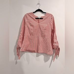 Universal Standard x J.Crew Stripe Poplin Tie-Sleeve Top Blouse S V-Neck Stretch